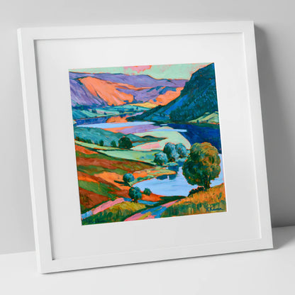 Vibrant Fells and Winding Lake lake district lake art print in white frame