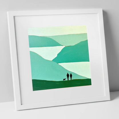 Glenridding Walkers in Teal Fells gifts for dog walkers art print in white frame