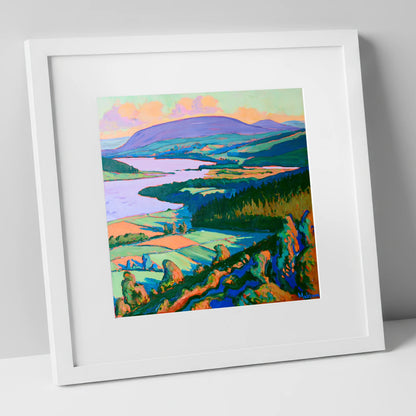 Vibrant Bassenthwaite Lake and Fells lake district lake art print in white frame