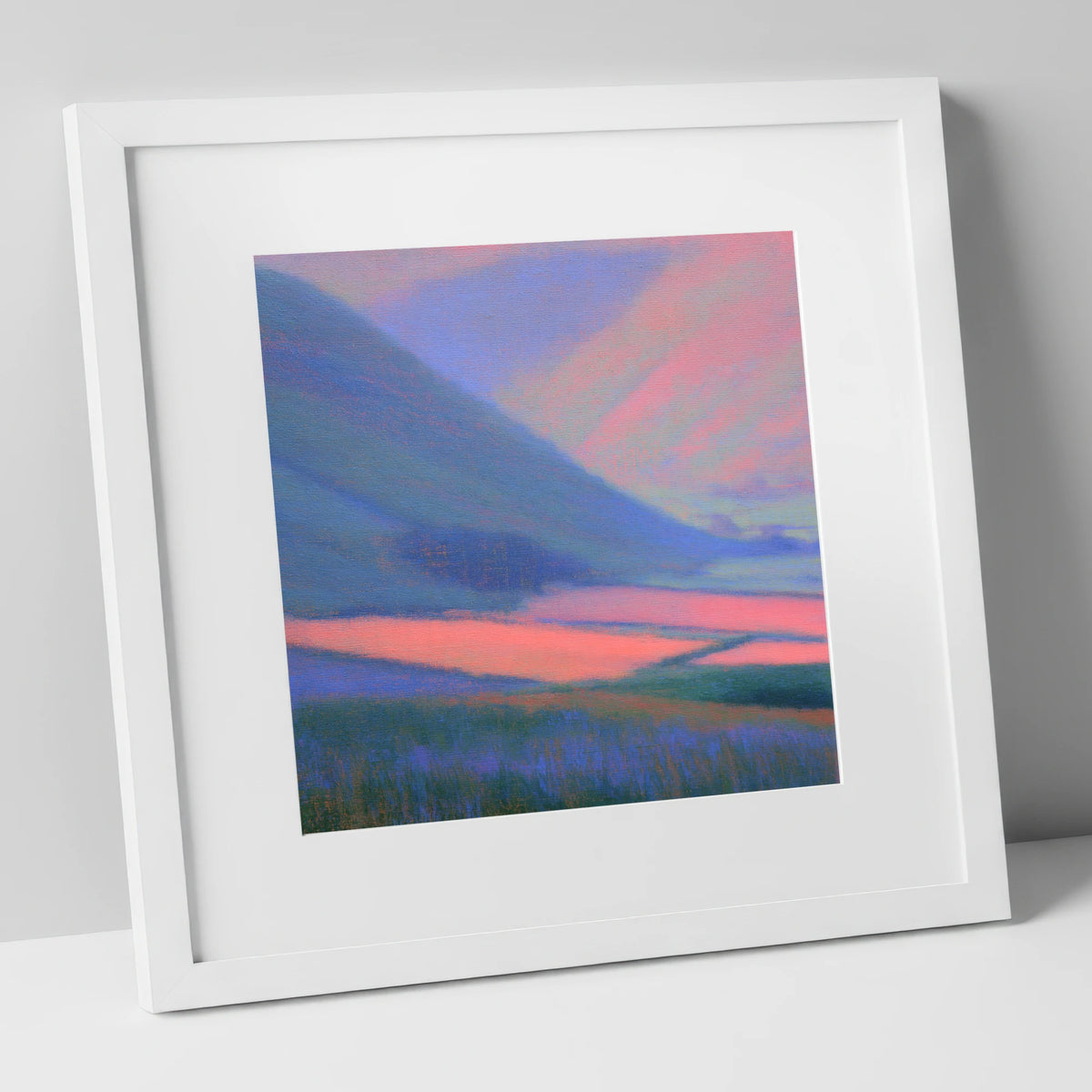 Pink Light on Dale Fields lake district valley art print in white frame