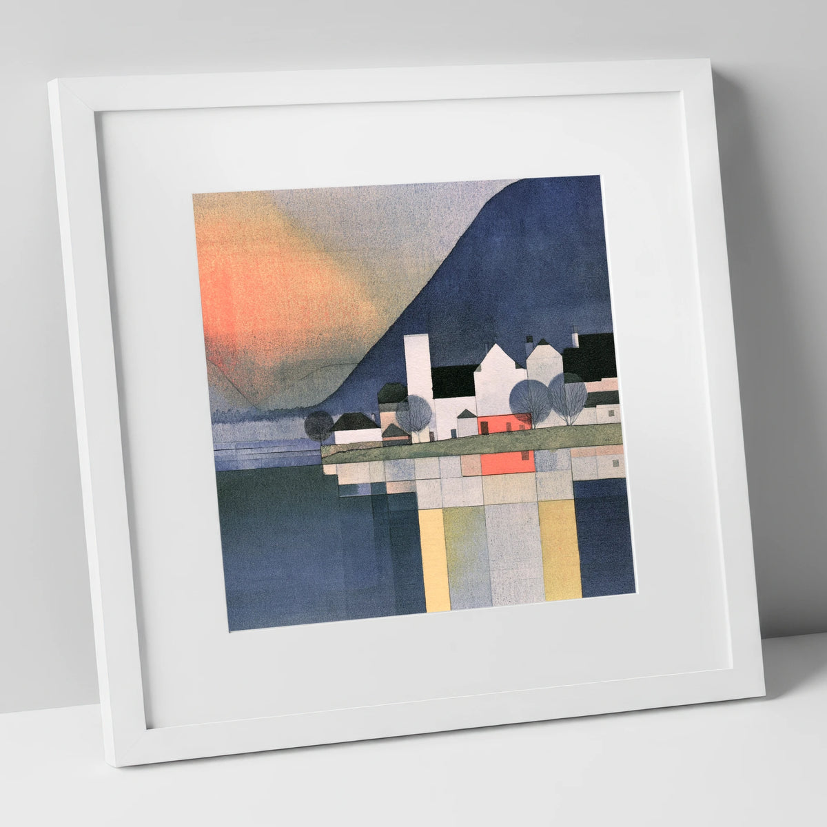 Lakeside Village Geometric Reflections lake district village art print in white frame