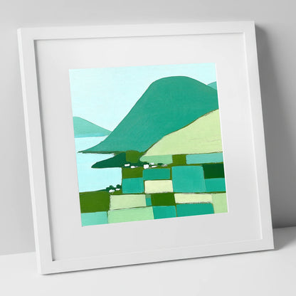 Geometric Greens of Glenridding Village lake district village art print in white frame