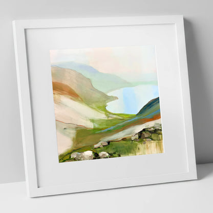 Azure Lake from the Summit lake district fell art print in white frame