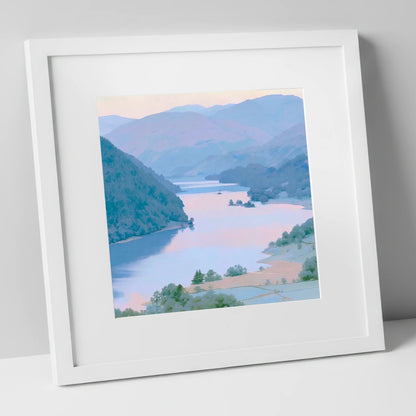Winding Ullswater at Dawn lake district lake art print in white frame