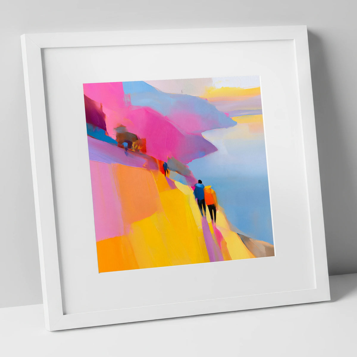 Bright Lakeside Mountain Path lake district walking art print in white frame
