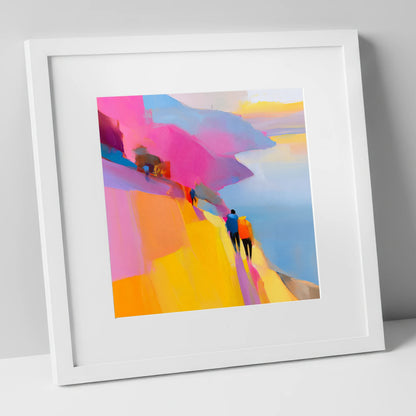 Bright Lakeside Mountain Path lake district walking art print in white frame