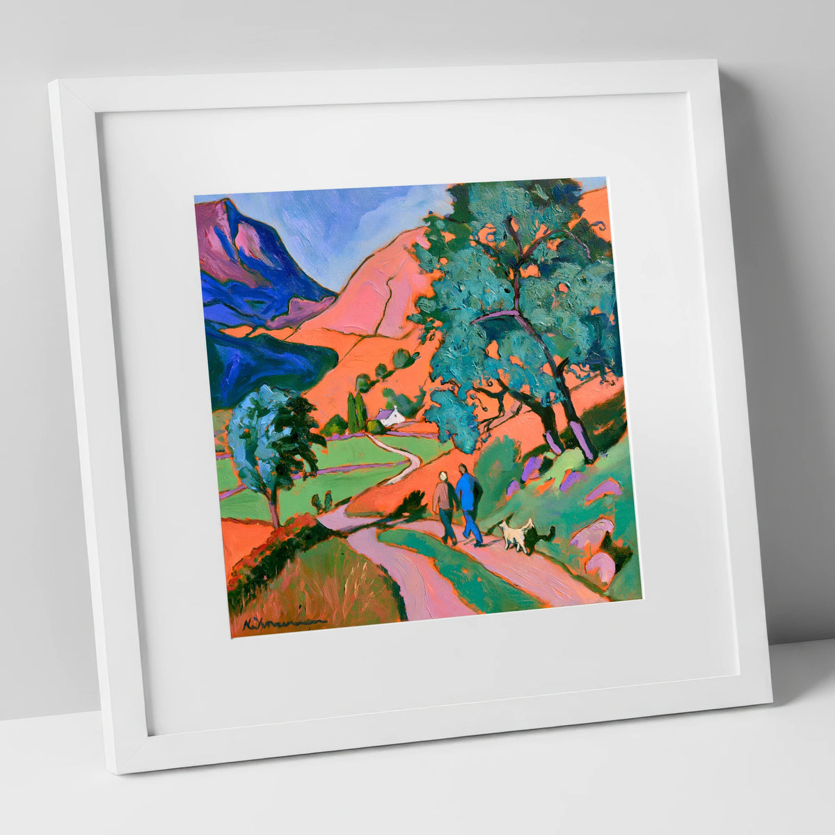 Vibrant Glenridding Dog Walk gifts for dog walkers art print in white frame