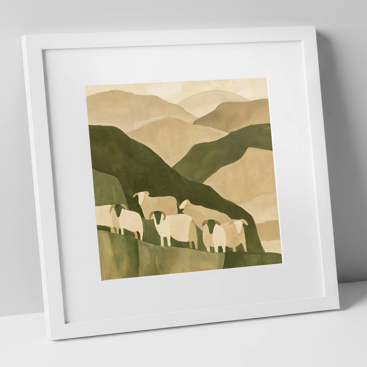 Herdwick Flock on Earthy Fells lake district wildlife art print in white frame