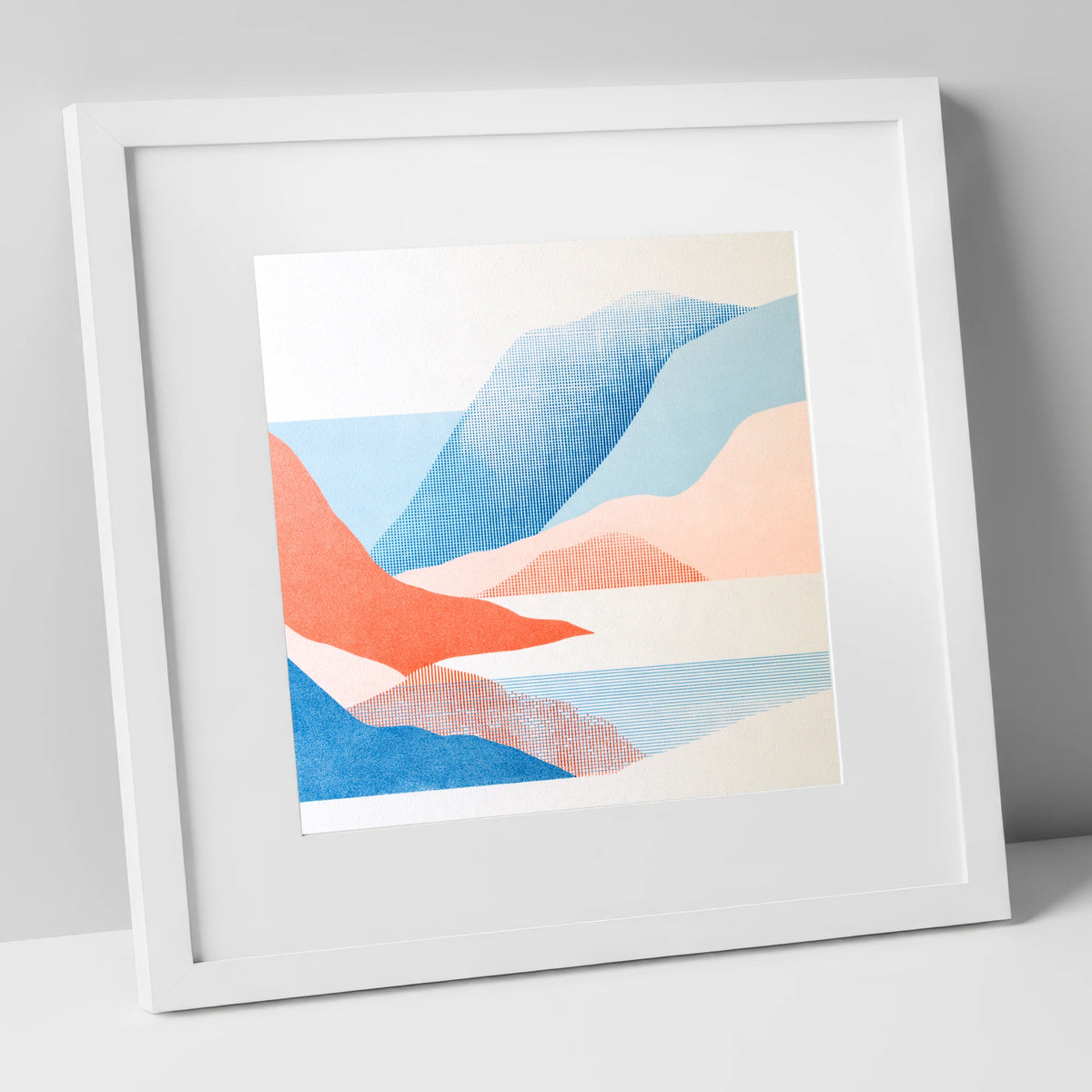 Borrowdale Valley in Coral and Blue lake district valley art print in white frame
