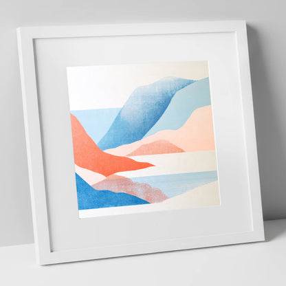 Borrowdale Valley in Coral and Blue lake district valley art print in white frame