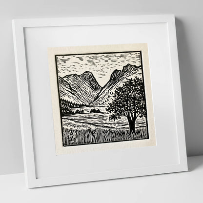 Langdale Pikes in Bold Monochrome lake district fell art print in white frame
