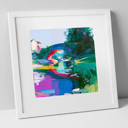 Vivid Stone Bridge Over Beck lake district waterfall art print in white frame