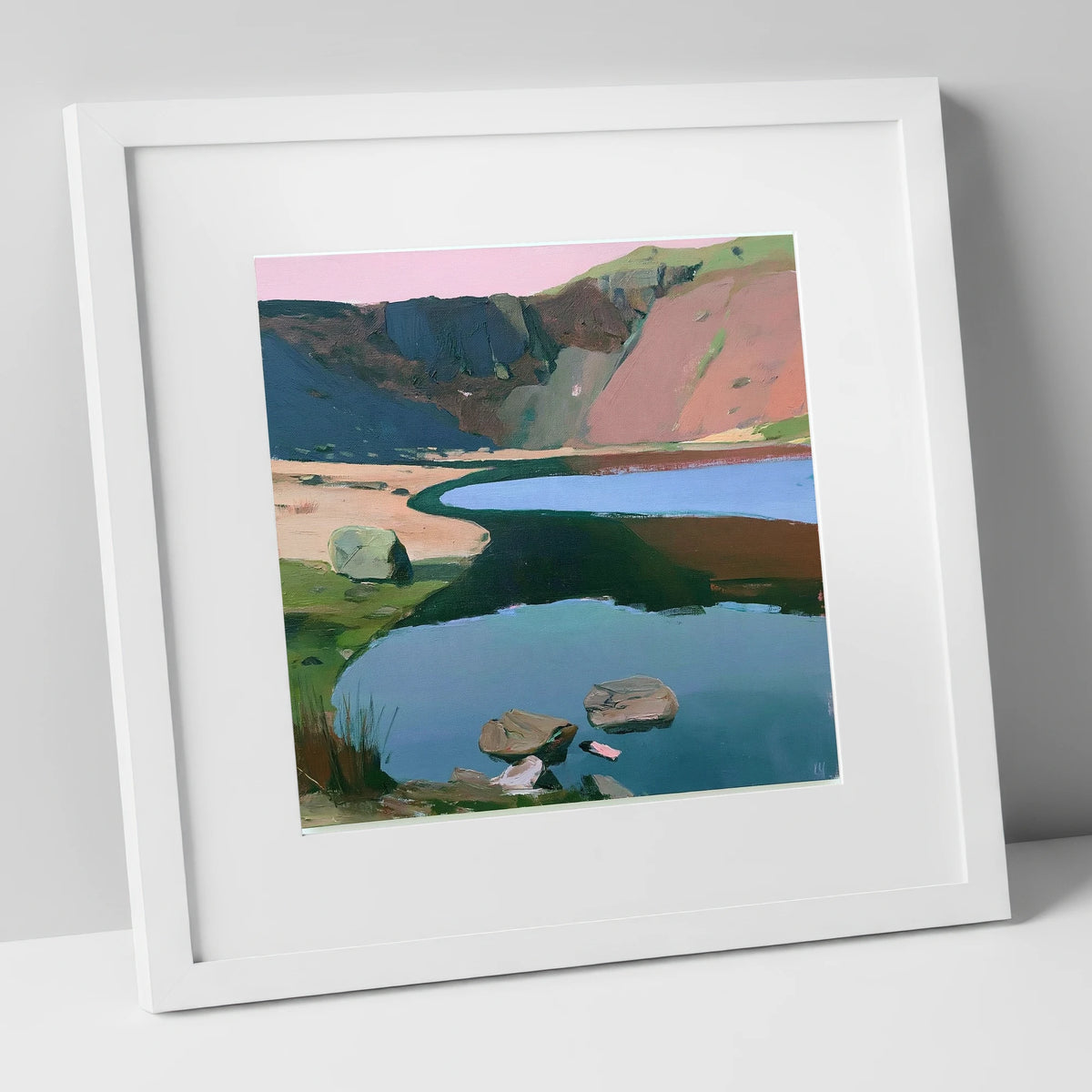 Blush Sky Over Easedale Tarn lake district lake art print in white frame