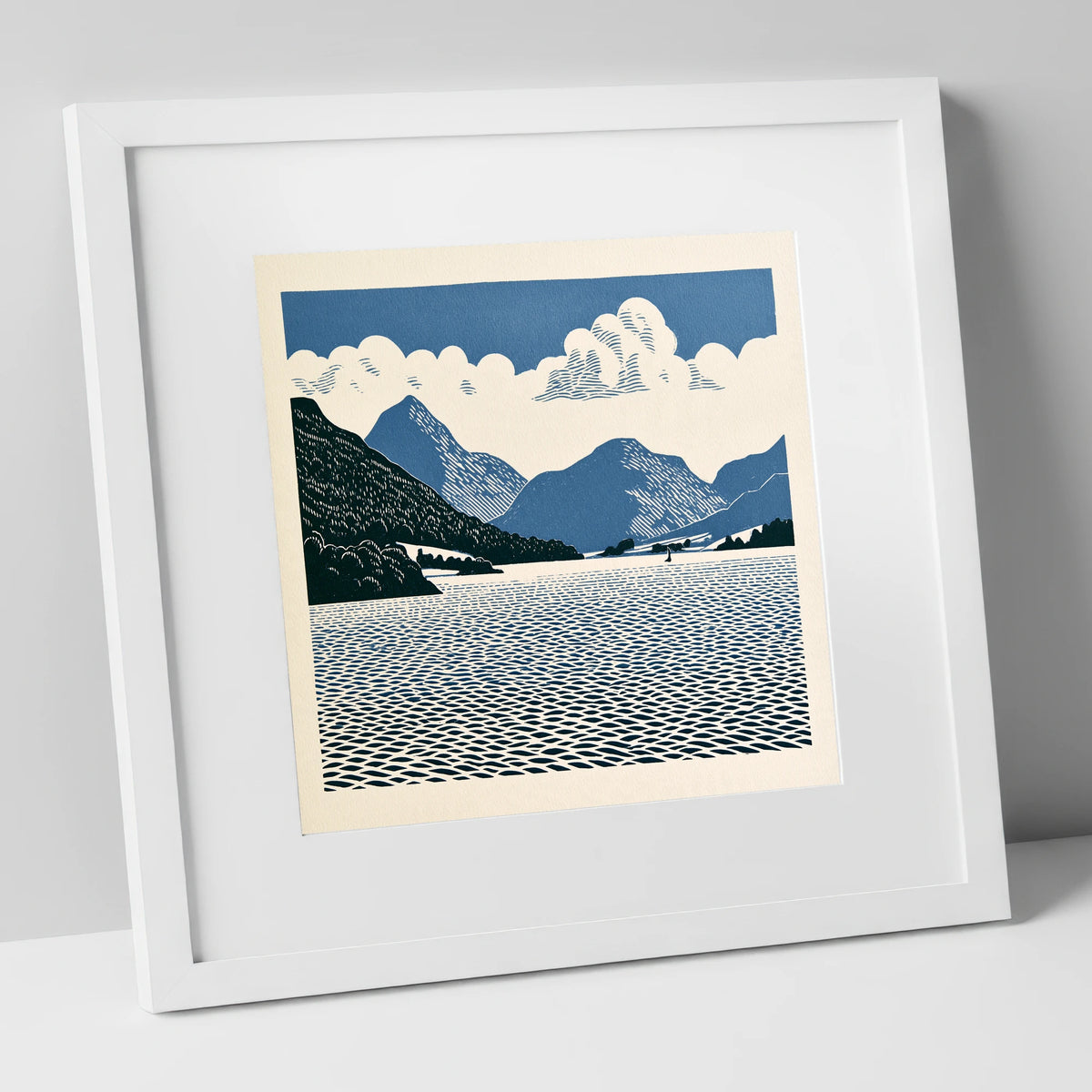 Graphic Navy Ullswater Landscape lake district lake art print in white frame