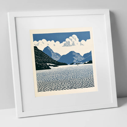 Graphic Navy Ullswater Landscape lake district lake art print in white frame