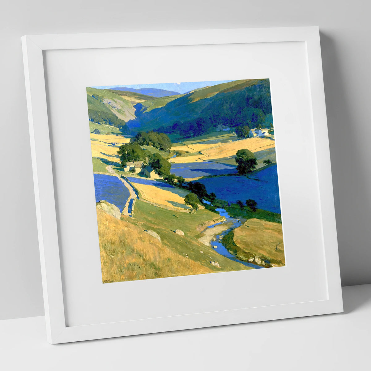 Golden Fields in the Dale lake district valley art print in white frame