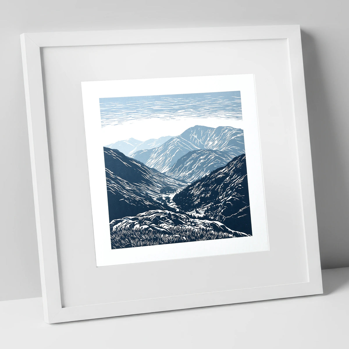 Blue Valley From The Summit lake district fell art print in white frame