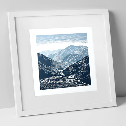 Blue Valley From The Summit lake district fell art print in white frame
