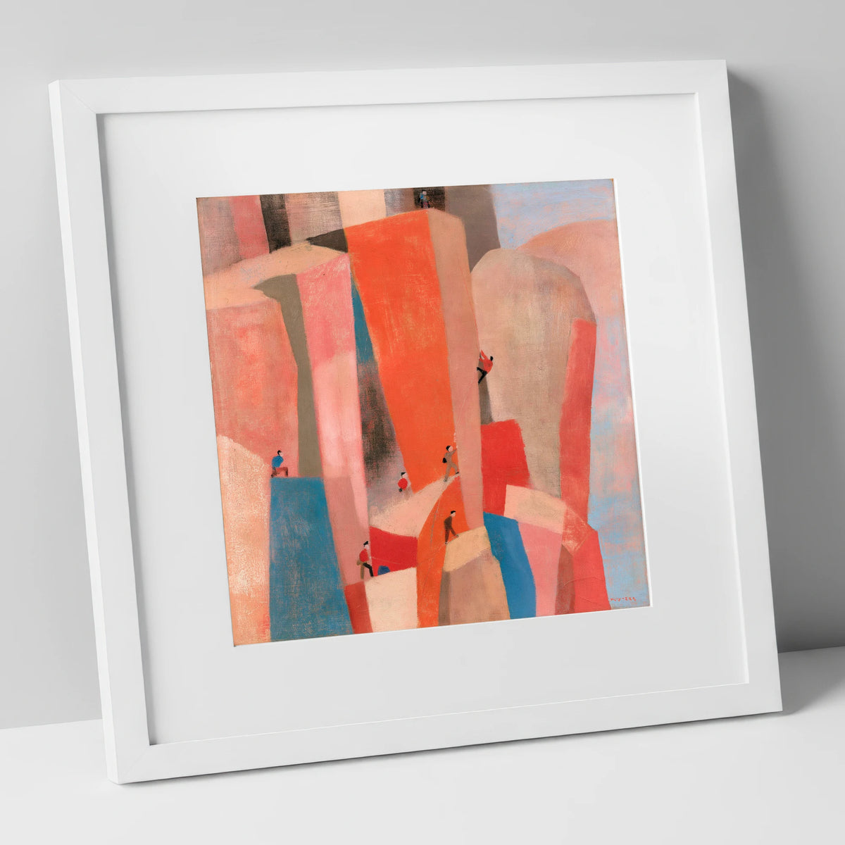 Geometric Climbers on a Crag lake district walking art print in white frame