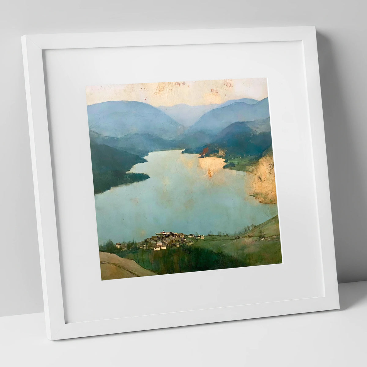 Glenridding and Ullswater in Gold lake district village art print in white frame