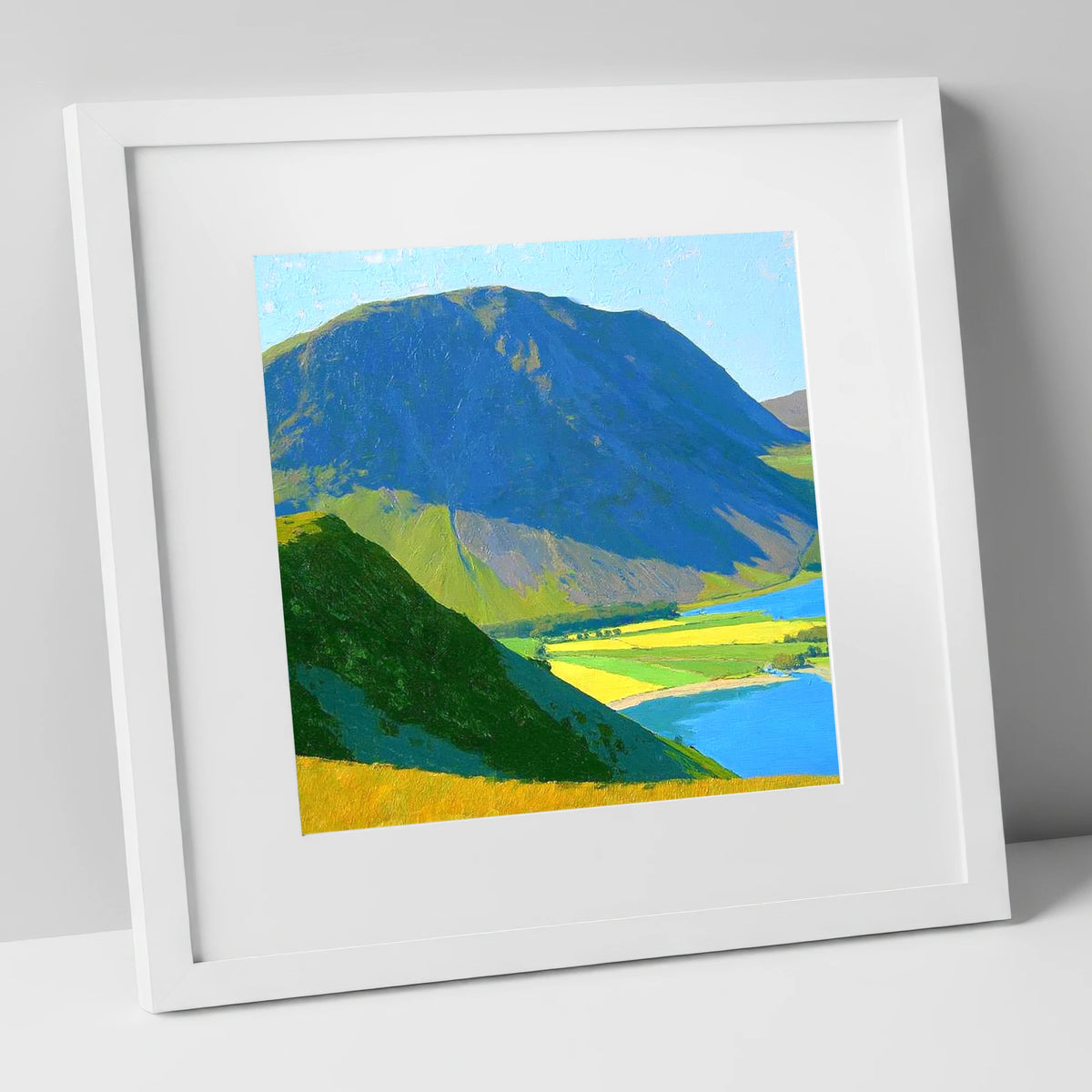 Grasmoor Over Sunlit Valley Fields lake district fell art print in white frame
