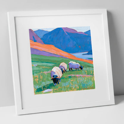 Herdwick Sheep on Colourful Fell lake district wildlife art print in white frame