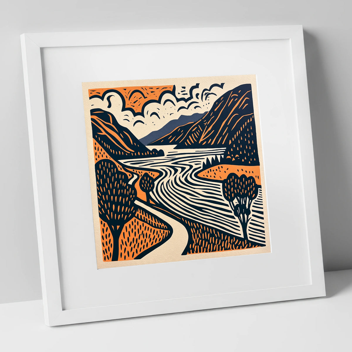 Bold Ullswater in Terracotta and Navy lake district lake art print in white frame
