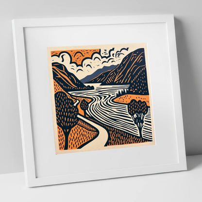Bold Ullswater in Terracotta and Navy lake district lake art print in white frame