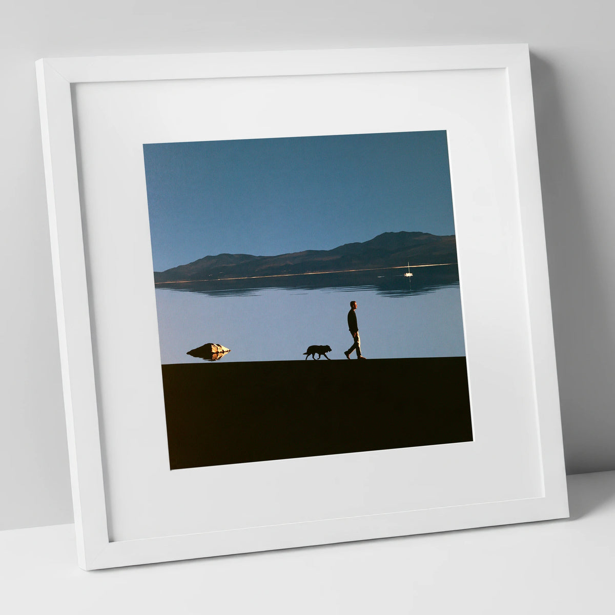 Windermere Dog Walk Silhouette gifts for dog walkers art print in white frame