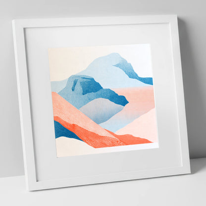 Bowfell in Graphic Coral and Blue lake district fell art print in white frame