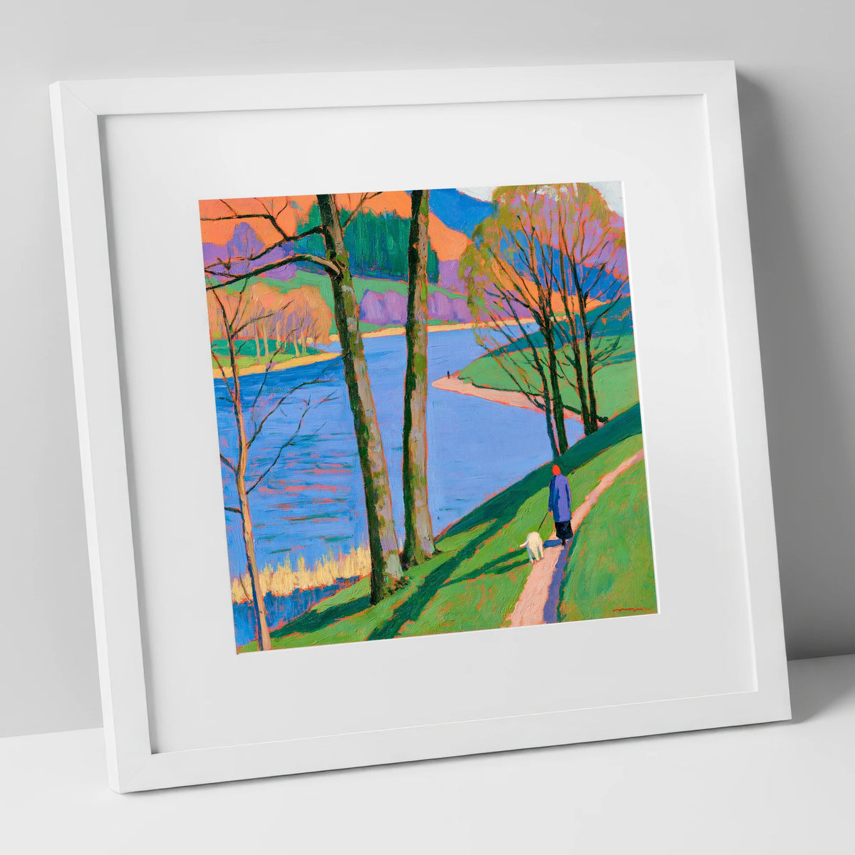 Vivid Lakeside Walk at Grasmere gifts for dog walkers art print in white frame