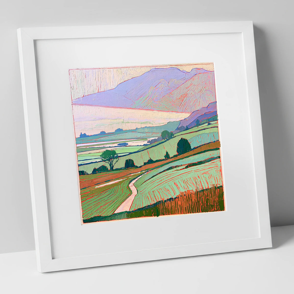 Pastel Mist Over Valley Fields lake district sky art print in white frame