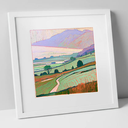 Pastel Mist Over Valley Fields lake district sky art print in white frame