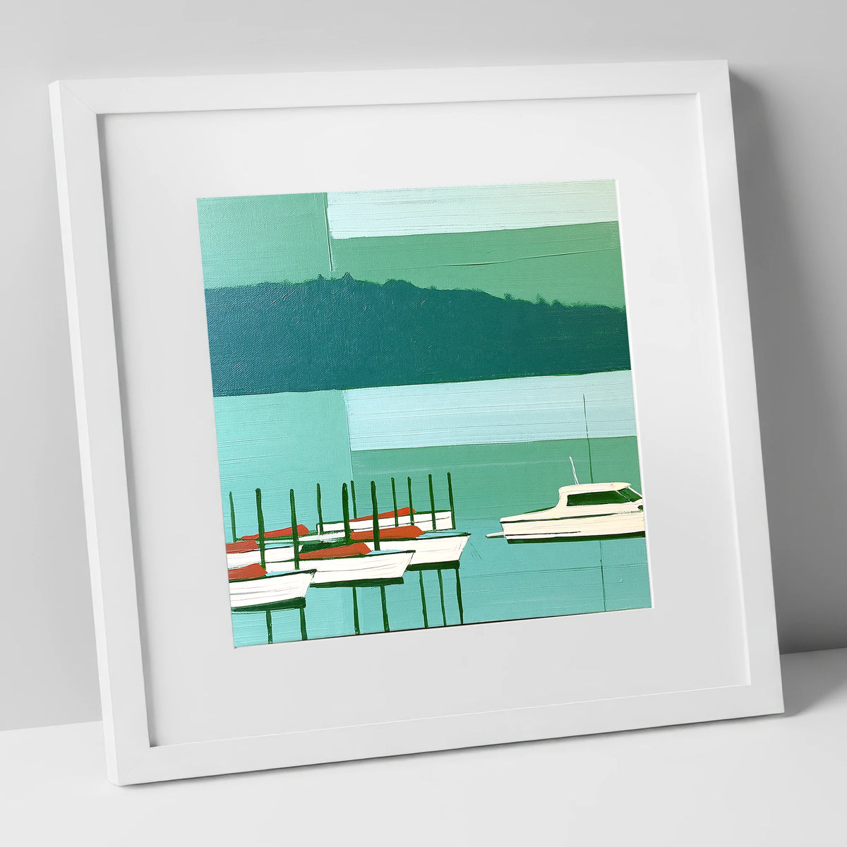 Moored Boats on a Teal Windermere lake district lake art print in white frame