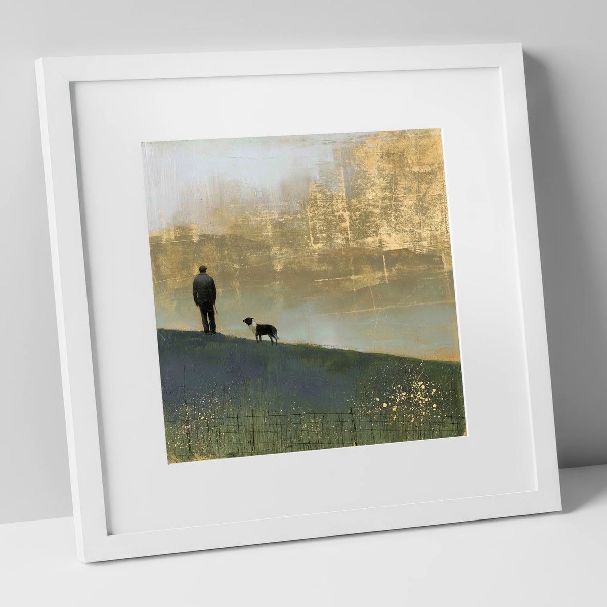 Shepherd and Dog in Golden Mist lake district wildlife art print in white frame