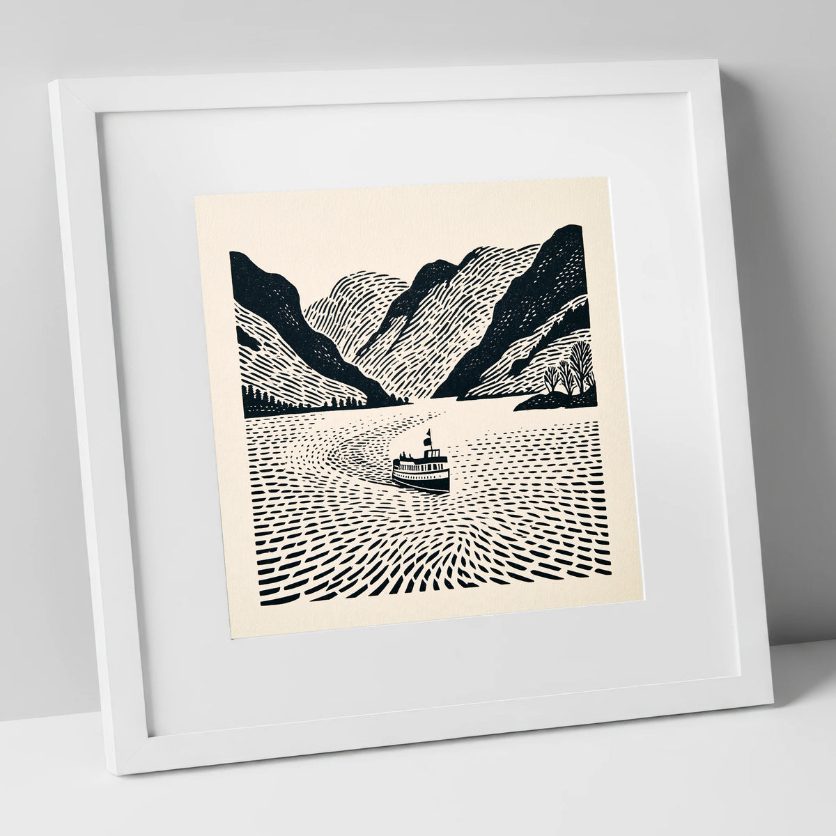 Ullswater Steamer on Swirling Waters lake district lake art print in white frame