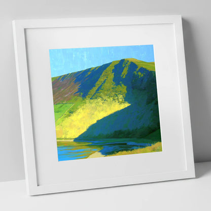 Sunlit Slopes of Lonscale Fell lake district fell art print in white frame