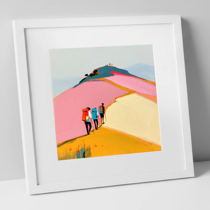 Colourful Fell Ridge Hikers lake district fell art print in white frame