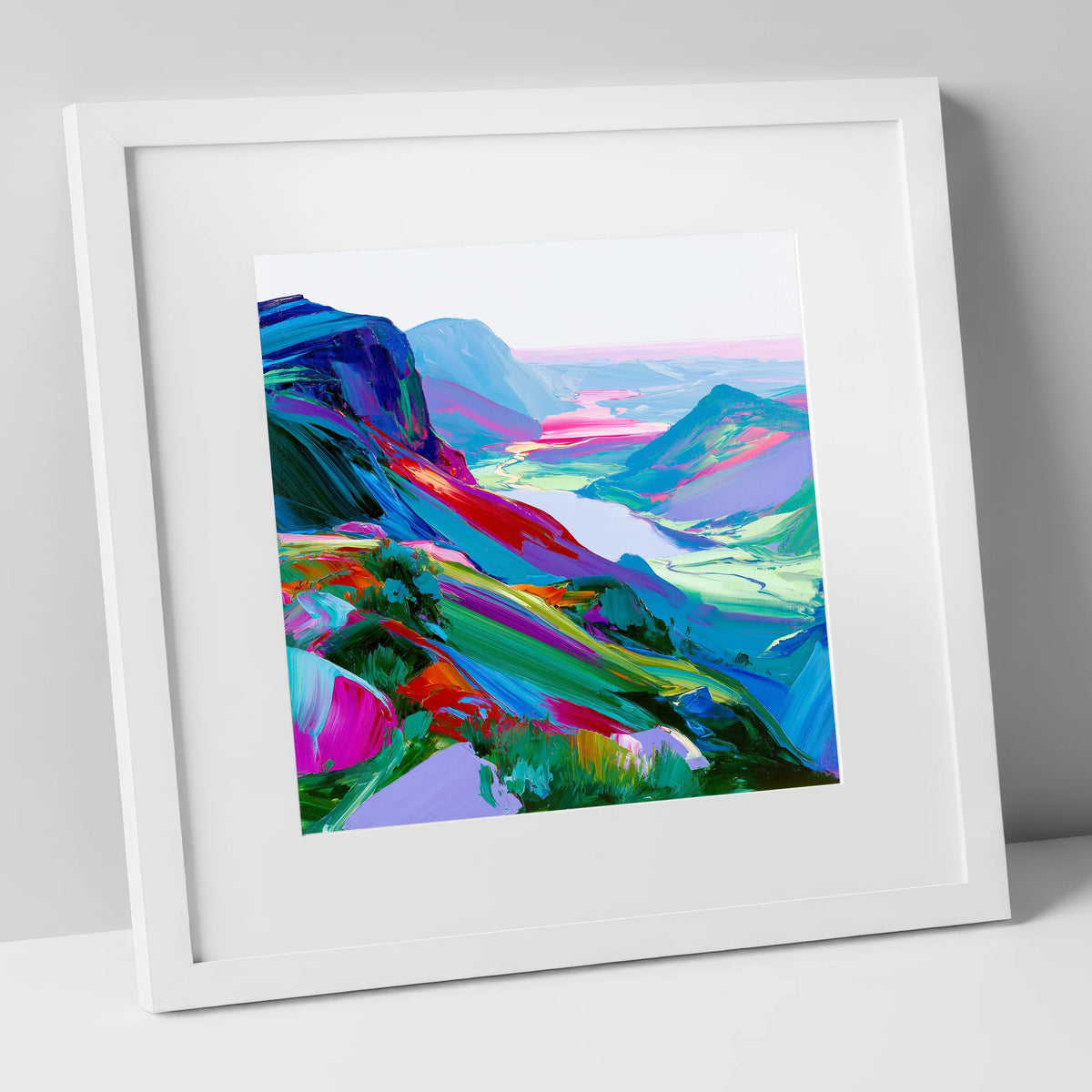 Vibrant Summit Valley View lake district fell art print in white frame