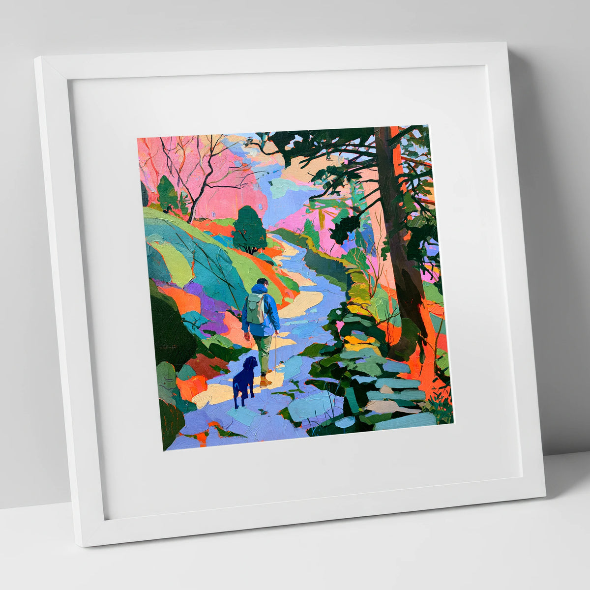 Colourful Hawkshead Dog Walk gifts for dog walkers art print in white frame