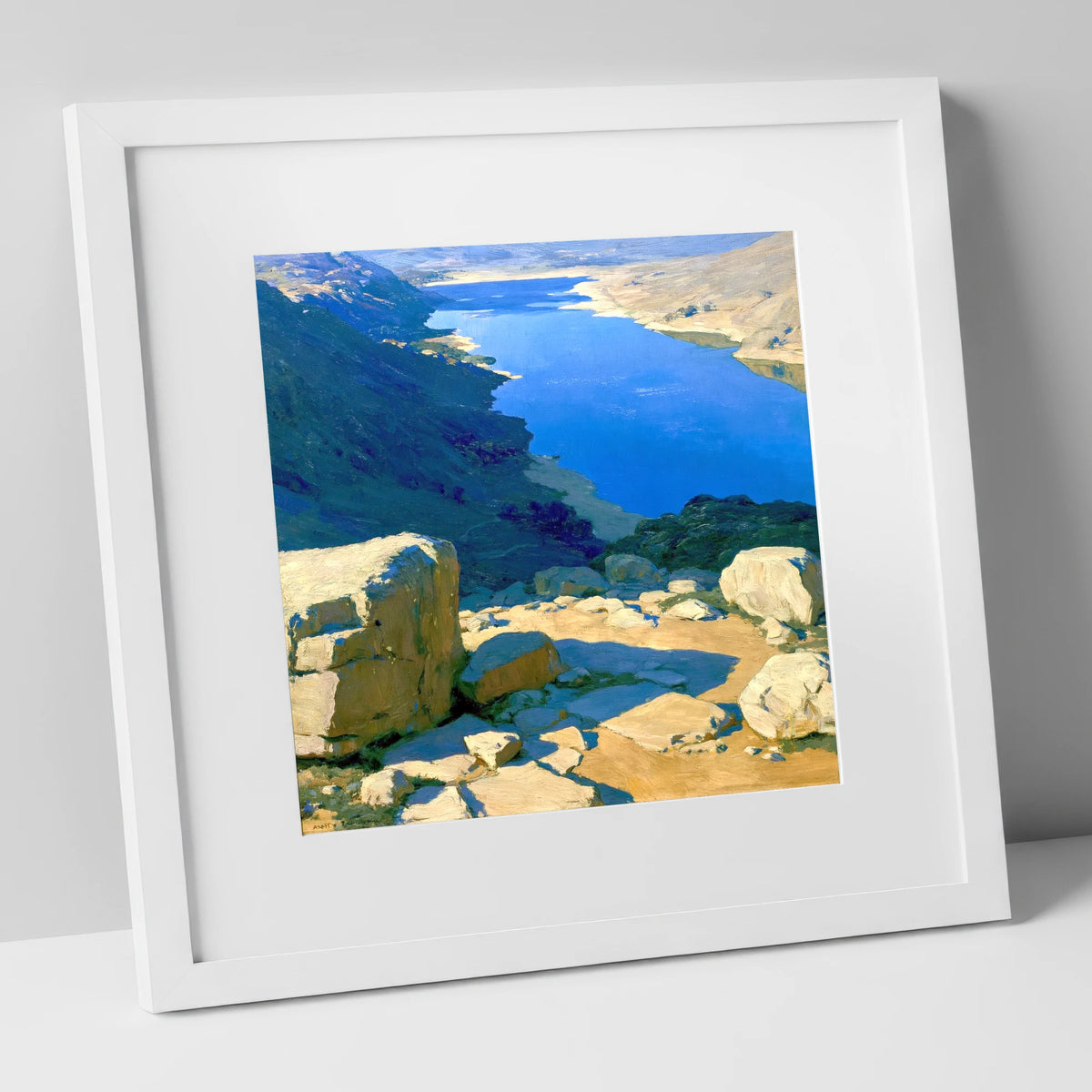 Sunlit Summit View Over Water lake district fell art print in white frame