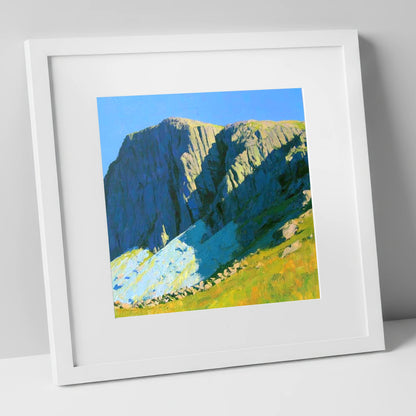 Sunlit Great End Rock Face lake district fell art print in white frame