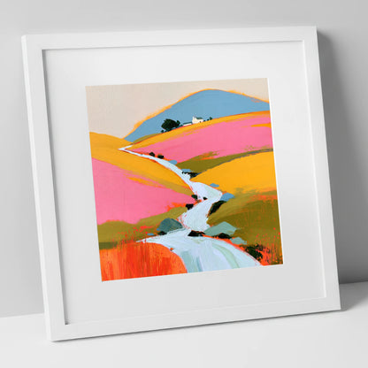 Colourful Fellside Beck and Cottage lake district waterfall art print in white frame
