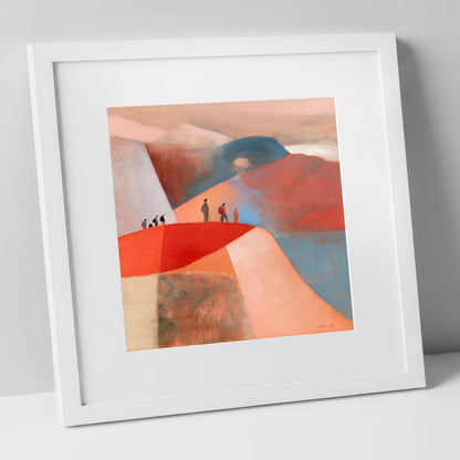 Hikers on a Terracotta Ridge lake district fell art print in white frame