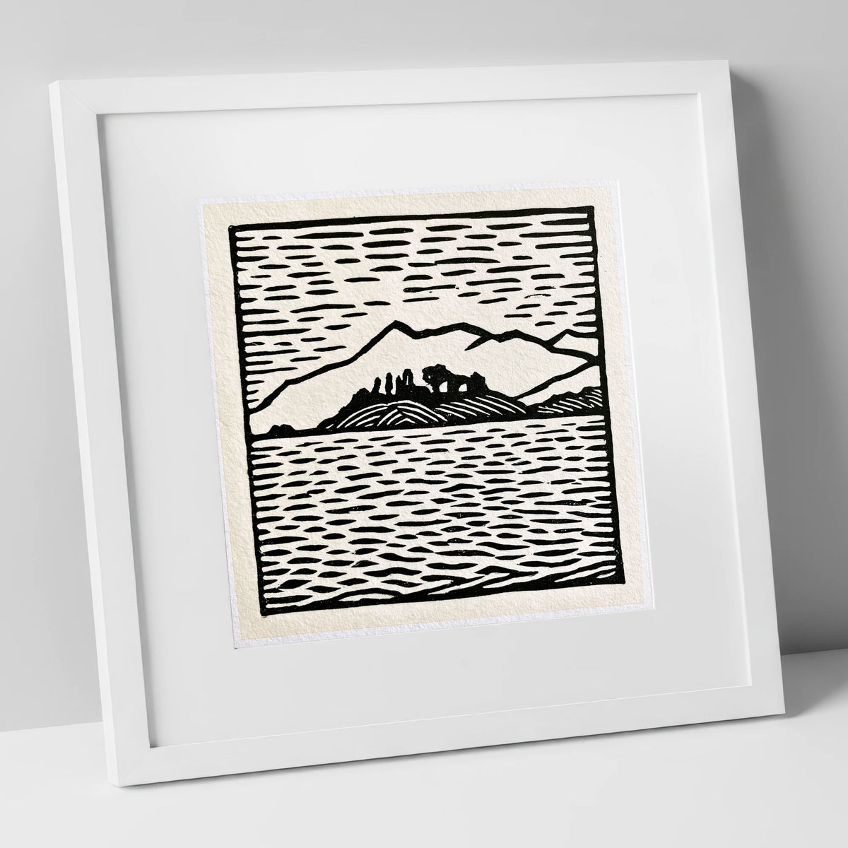 Bold Monochrome Derwentwater Island lake district lake art print in white frame