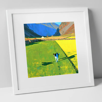 Sunlit Wasdale Valley Dog Walk gifts for dog walkers art print in white frame