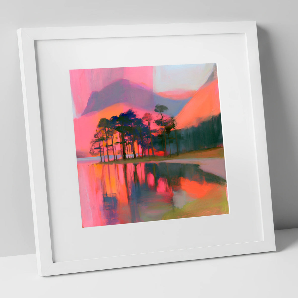 Neon Sunset Over Buttermere Pines lake district lake art print in white frame