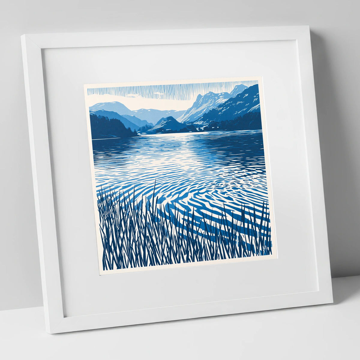 Cobalt Dawn Over the Lake lake district lake art print in white frame