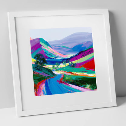 Vibrant Rolling Fells and Valley lake district fell art print in white frame