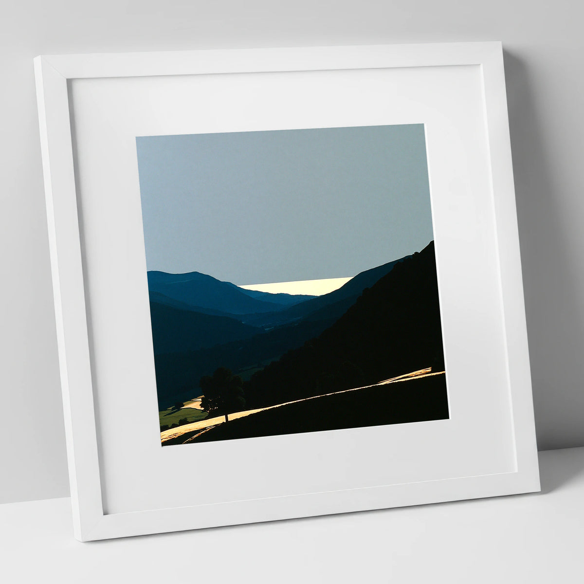 Luminous Valley Mist at Dawn lake district sky art print in white frame